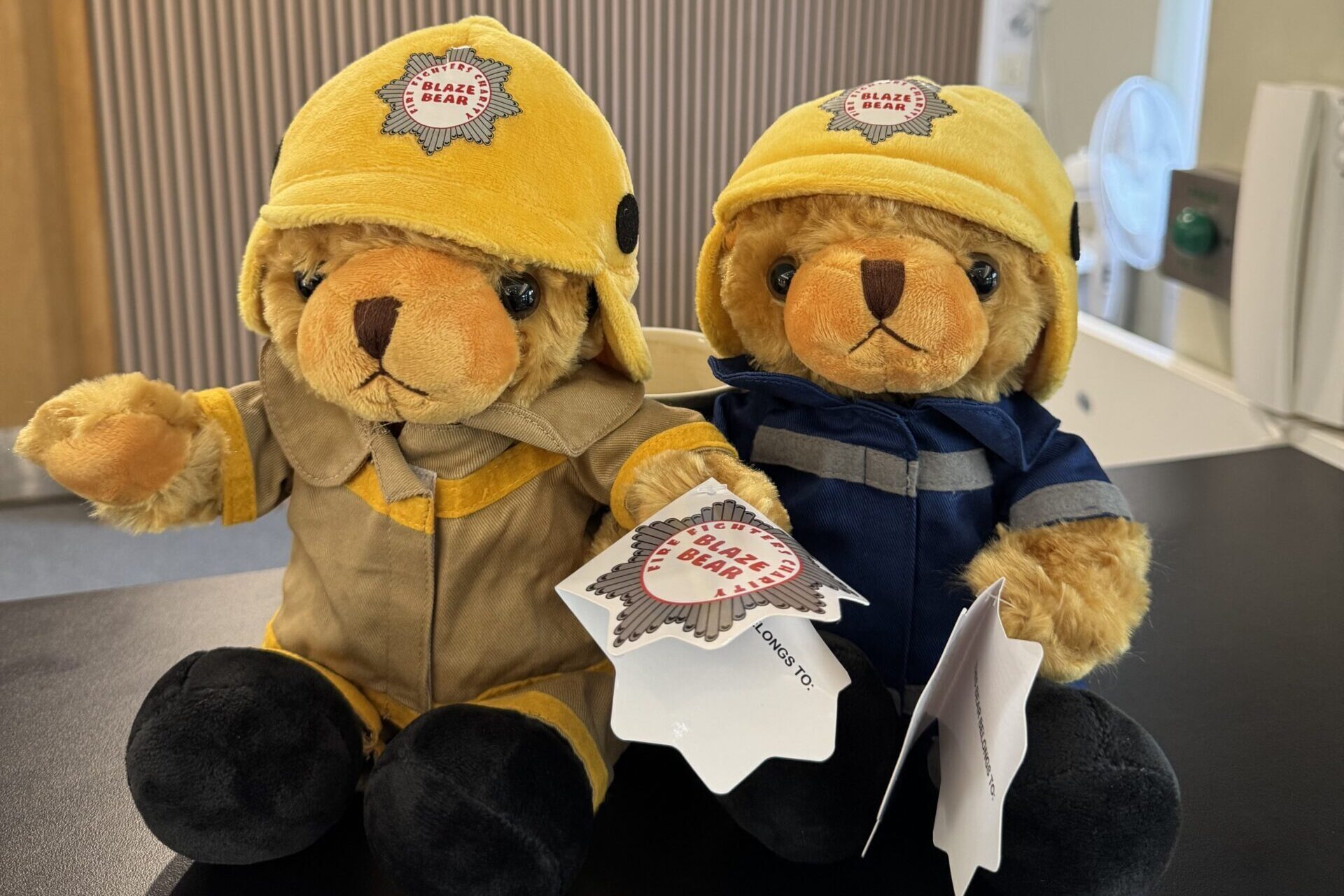Two blaze bear teddy bears dressed as firefighters sit side by side on a counter. They wear yellow helmets and uniforms. A sign in the background reads 