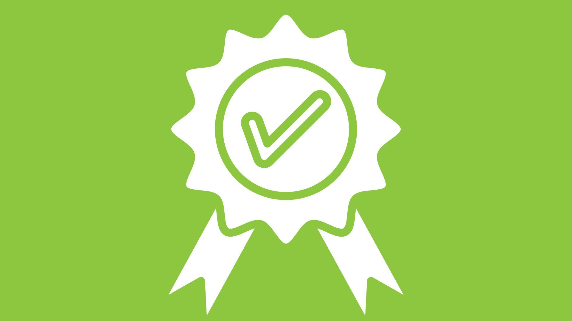 A white award ribbon icon with a check mark in the center, displayed on a bright green background. 
