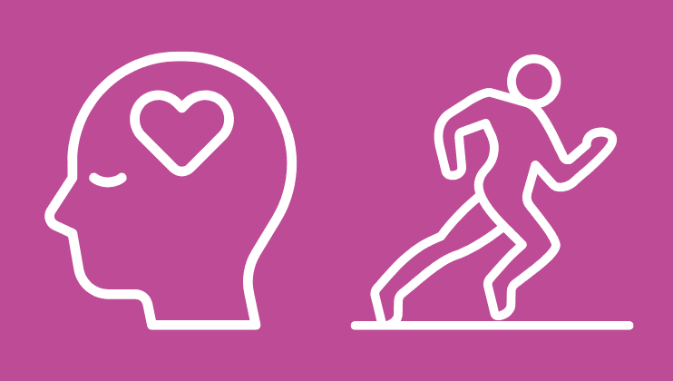 White outline of a head with a heart inside and a running person on a purple background, symbolizing the connection between mental health and physical activity. 