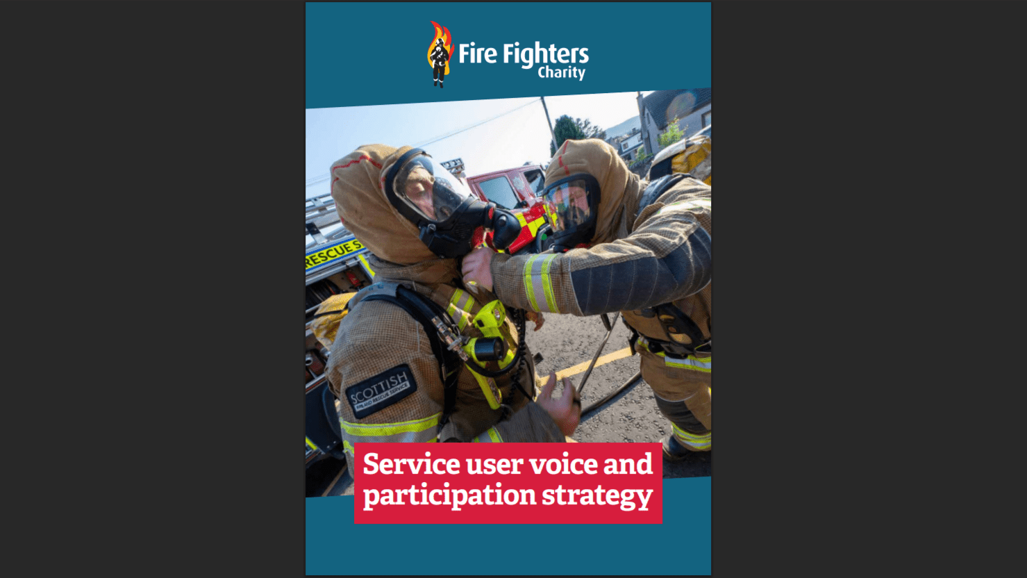 Cover of strategy document. Two firefighters in protective gear and masks adjust equipment outdoors. The image is framed by a blue border with 