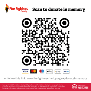 A QR code for donating in memory to The Fire Fighters Charity, with icons for Visa, Mastercard, Apple Pay, Google Pay, and PayPal, and a link to firefighterscharity.org.uk/donateinmemory.